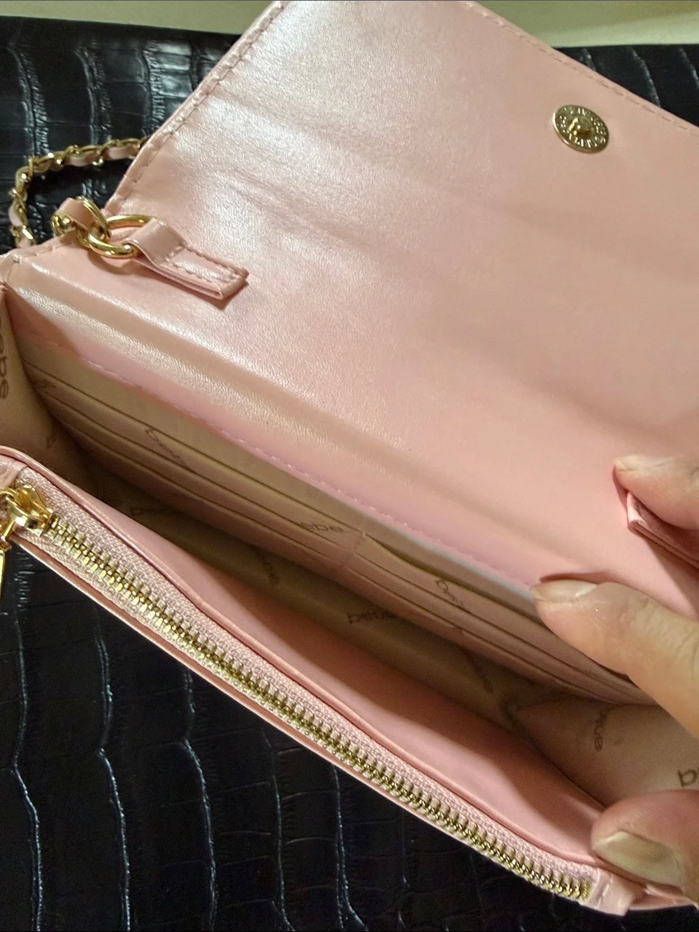 Bebe Pink Quilted Chain Crossbody Bag with Gold 'B' Logo
